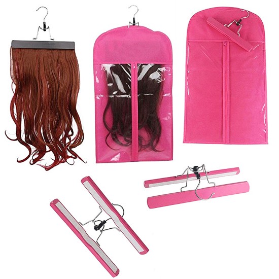 Portable Hair Extensions Storage Bag Transparent Zip Up Closure Protection case with Wooden Clip In Hanger