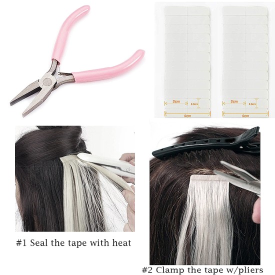 Pink PLIERS/Pre-cut TAPE TABS For Tape Extensions, Flat Nose Pliers/strong grip/Ultra Smooth Installation Pliers 