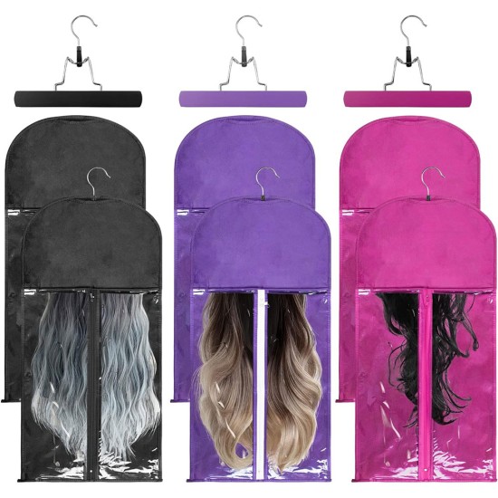 Portable Hair Extensions Storage Bag Transparent Zip Up Closure Protection case with Wooden Clip In Hanger