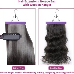 Portable Hair Extensions Storage Bag Transparent Zip Up Closure Protection case with Wooden Clip In Hanger