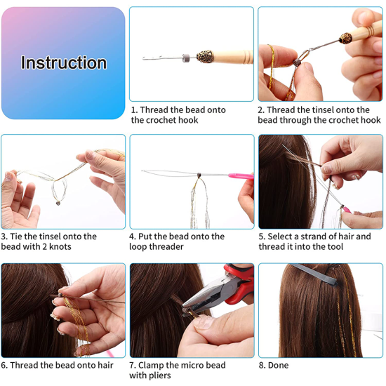 Hair Tinsel 2400 Strands 14 Colors Hair Extension Tinsel Kit with Tools Multi-Colors Glitter Hair Extensions 