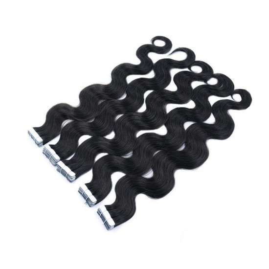 #1 JET BLACK Tape In Hair Extensions Length 22" - 20 Pcs/Qty Body Wave (Wavy)