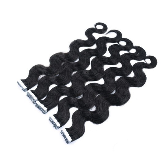 #1 JET BLACK Tape In Hair Extensions 22" - 20pcs/qty Body Wave (Wavy) #1 JET BLACK Tape In Hair Extensions 22" - 20pcs/qty Body Wave (Wavy)