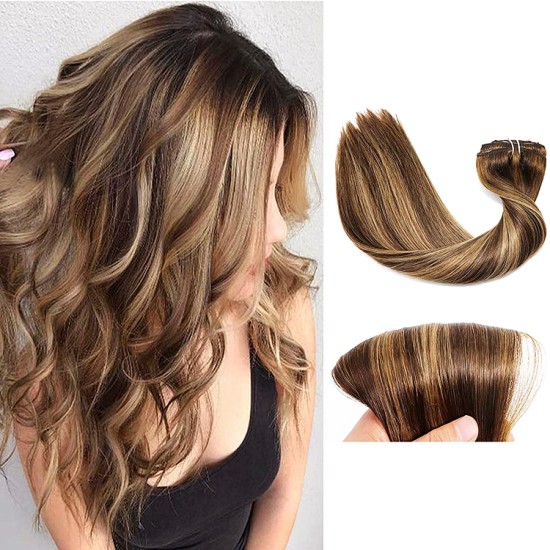 #3/12 DARK BROWN/LIGHT GOLDEN BROWN Clip-in Highlight Hair Extensions 120g 20"