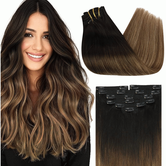 #1B/8 NATURAL BLACK/ASH BROWN Clip-in Ombre Hair Extensions 120g 20"