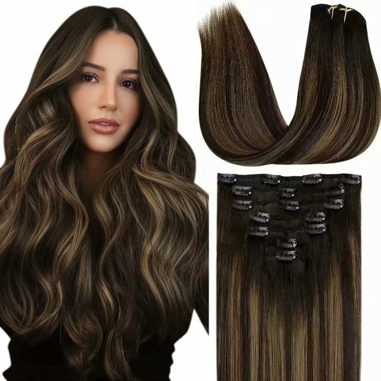 #1B/6 NATURAL BLACK/CHESTNUT BROWN Clip-in Highlight Hair Extensions 120g 20''