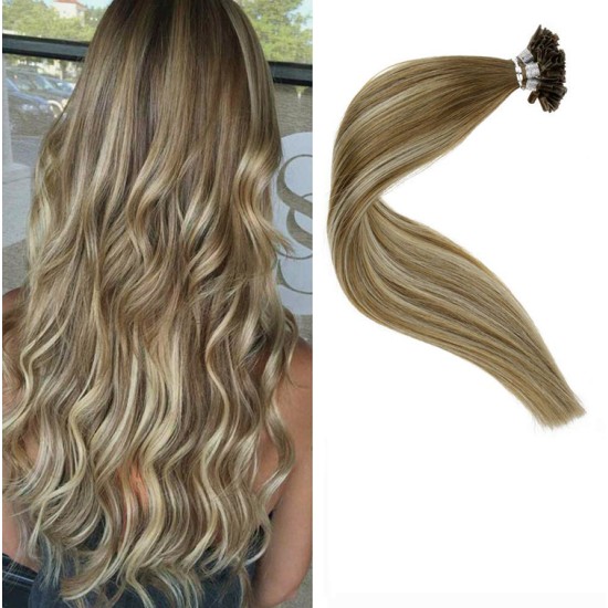 #8/22 ASH BROWN/BEACH BLONDE U-Tip Highlights Pre-bonded Hair Extensions 50g/qty 20"