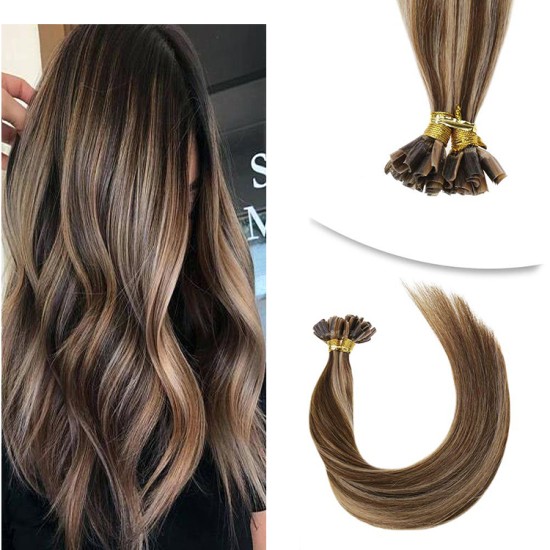 #3/12 DARK BROWN/LIGHT GOLDEN BROWN U-Tip Highlight Pre-Bonded air Extensions 50g/qty 20"