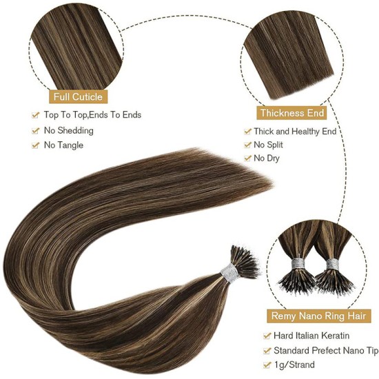 #3/12 DARK BROWN/LIGHT GOLDEN BROWN Nano Tip/Ring Highlight Hair Extension 50g/qty 20" 