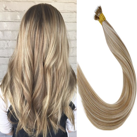 #12/60 LIGHT GOLDEN BROWN/PLATINUM BLONDE Nano Tip/Ring Highlight Hair Extensions 50g/qty 20"