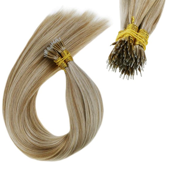 #12/60 LIGHT GOLDEN BROWN/PLATINUM BLONDE Nano Tip/Ring Highlight Hair Extensions 50g/qty 20"