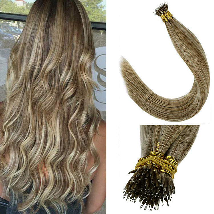 8 22 Ash Brown Beach Blonde Nano Tip Ring Highlight Hair Extensions 50g Length 20 Straight