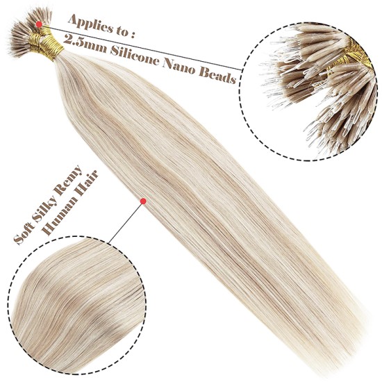 18/60 ASH BLONDE/PLATINUM BLONDE Nano Tip/Ring Highlight hair Extensions  50g Length 20