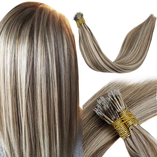 #8/60 ASH BROWN/PLATINUM BLONDE Nano Tip/Ring Highlight hair Extensions 50g Length 20" Straight