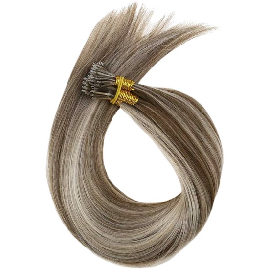 #8/60 ASH BROWN/PLATINUM BLONDE Nano Tip/Ring Highlight hair Extensions 50g Length 20" Straight