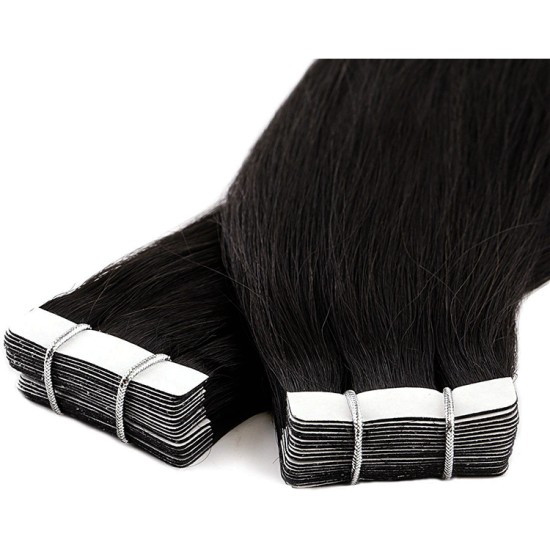 European #1 JET BLACK Tape Hair Extensions 20 PCs / QTY Lengths 20" & 22" Straight