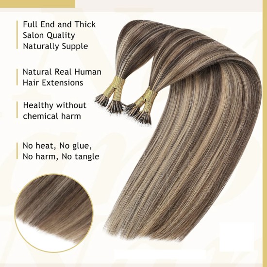 #3/22 DARK BROWN/BEACH BLONDE Nano Tip/Ring Highlight Hair Extension 50g/qty 20"