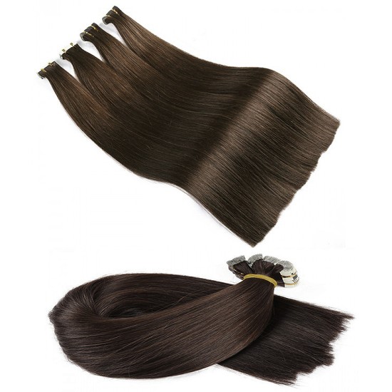 Russian Premium Tape Ins Hair Extensions #2 DARKEST BROWN Length 20" Straight (10 PCS - 25 grams)