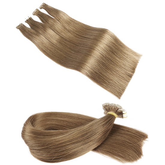 Premium 6A Tape Ins Hair Extensions #8 ASH BROWN Length 20" Straight (10 PCS - 25 grams)