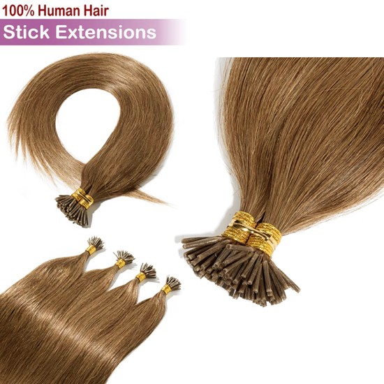 #8 ASH BROWN Stick Tip/I-Tip Pre-bonded Hair Extensions 50g/qty 20"