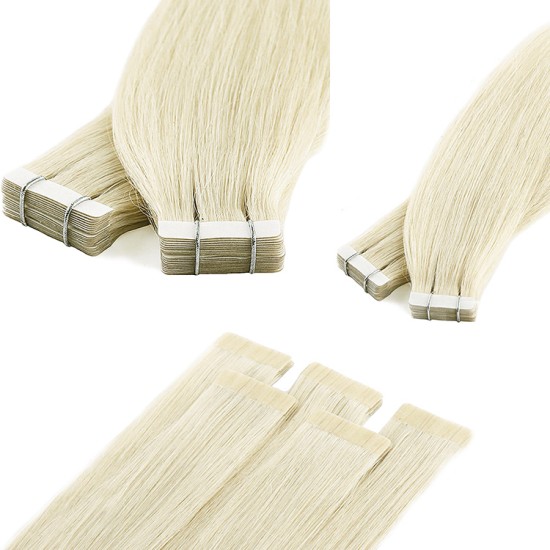European #60 PLATINUM BLONDE  Tape Hair Extensions 20 PCs / QTY Lengths 20" & 22" Straight