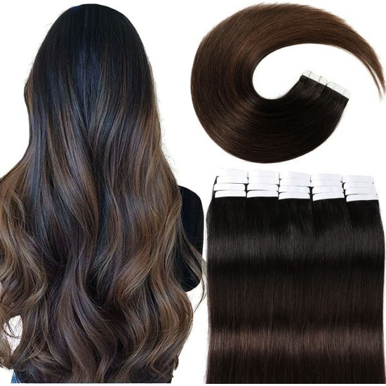 #1B/3 NATURAL BLACK/DARK BROWN Tape-in Ombre Hair Extensions 20pcs/qty 20"