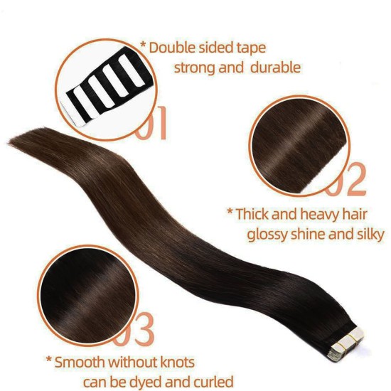 #1B/3 NATURAL BLACK/DARK BROWN Tape-in Ombre Hair Extensions 20pcs/qty 20"