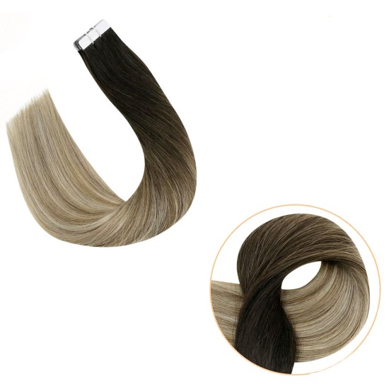 #1B/18 NATURAL BLACK/ASH BLONDE Tape-in Ombre Hair Extensions 20pcs/qty 20"