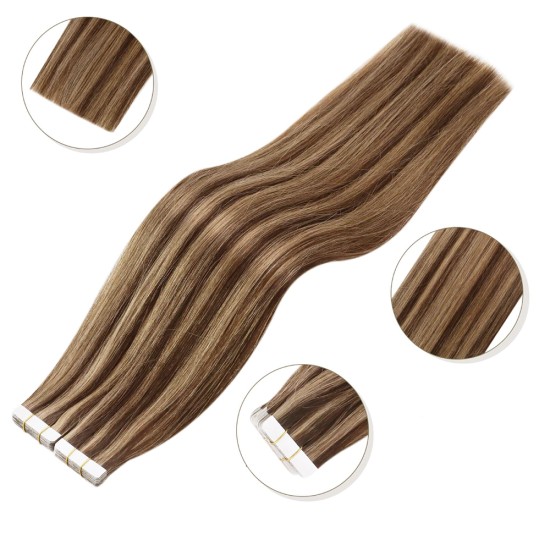 #3/12 DARK BROW/LIGHT GOLDEN BROWN tape-in Highlights Hair Extensions 20pcs/qty 20"
