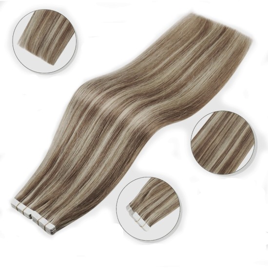 #8/60 ASH BROWN/PATINUM BLONDE Tape-in Highlights Hair Extensions 20pcs/qty 20"