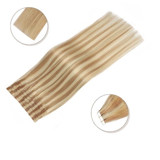 #12/60 LIGHT GOLDEN BROWN/PLATINUM BLONDE Tape-in Highlights Hair Extensions 20pcs/qty 20"