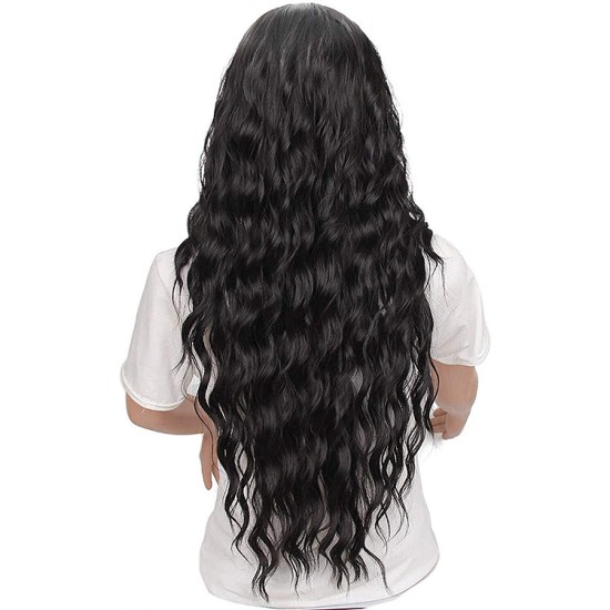 Long Wavy Wigs Natural Black Color Body Wave Right Side Parting Heat Resistant Fiber 28 Inches Wig606