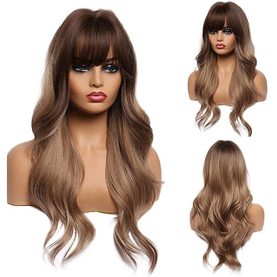 Ombre Brown Long Wave Hair Wigs888 with Bangs For Women Heat Resistant Fibre Synthetic Wigs 22"
