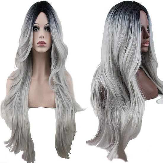 Ombre Synthetic Long Wave Heat Resistant Wig909 Black Rooted Silver Gray 130% High Density 22"
