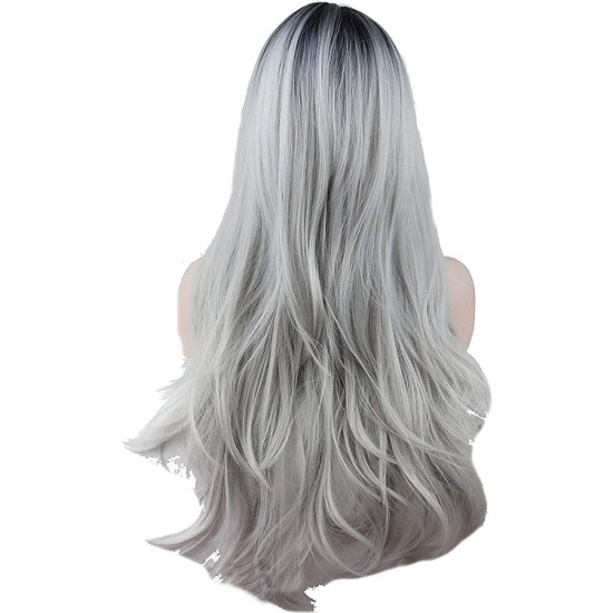 Ombre Synthetic Long Wave Heat Resistant Wig909 Black Rooted Silver Gray 130% High Density 22"