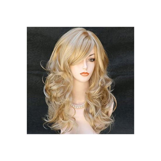 Long Curly Body Wavy Heat Resistant Blonde Highlights Wig Synthetic Full Hair Wig Blonde Highlights 20