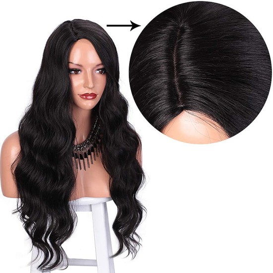 Long Wavy Wigs Natural Black Color Body Wave Right Side Parting Heat Resistant Fiber 28 Inches Wig606