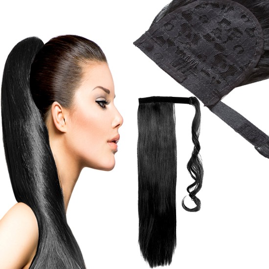 #1 JET BLACK Clip In Remy Human Hair Ponytail Wrap Extensions 20" & 22" 100g