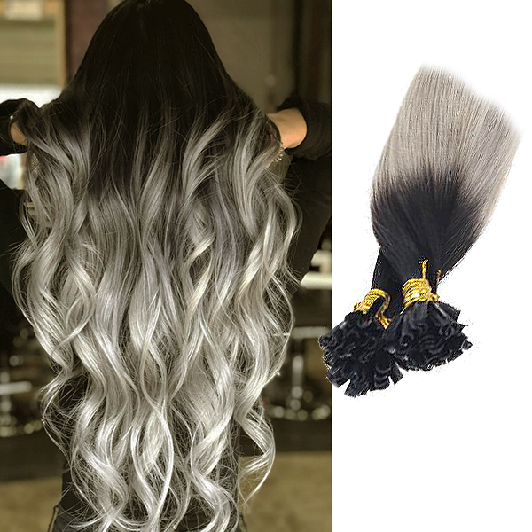 OMBRE #1 Jet Black/101G Silver Grey Hair Extensions 50 Grams Length 20