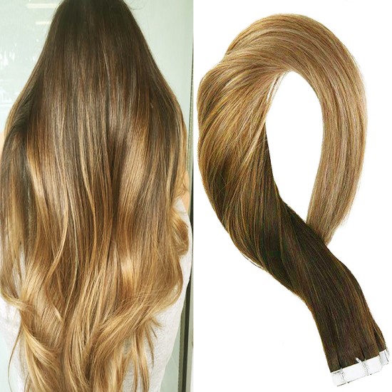 #2/12 DARKEST BROWN/LIGHT GOLDEN BROWN Tape-in Ombre Hair Extensions 20pcs/qty 20"