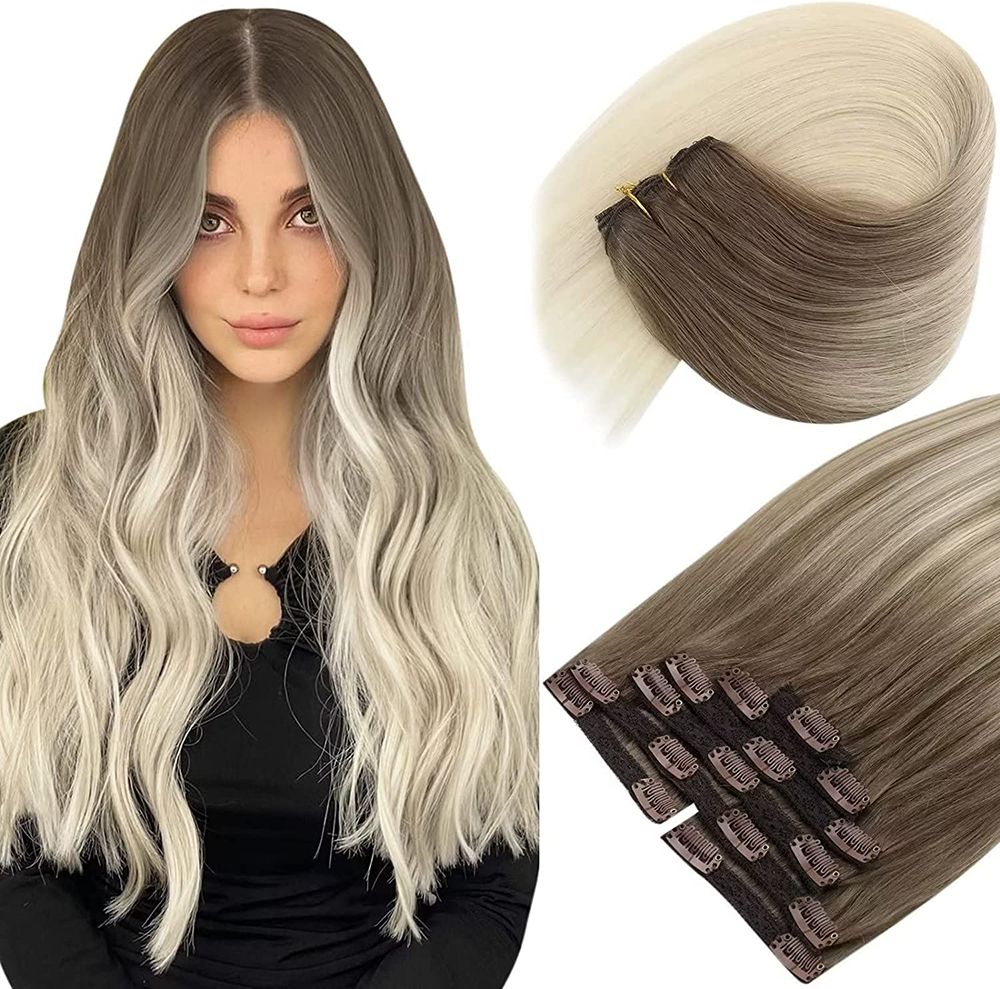 Clip Hair Ombre Color #8 Ash Brown/#60 Platinum Blonde 120 Grams/ 18 Clip Hair Ombre Color #8 Ash Brown/#60 Platinum Blonde 120 Grams/ 18