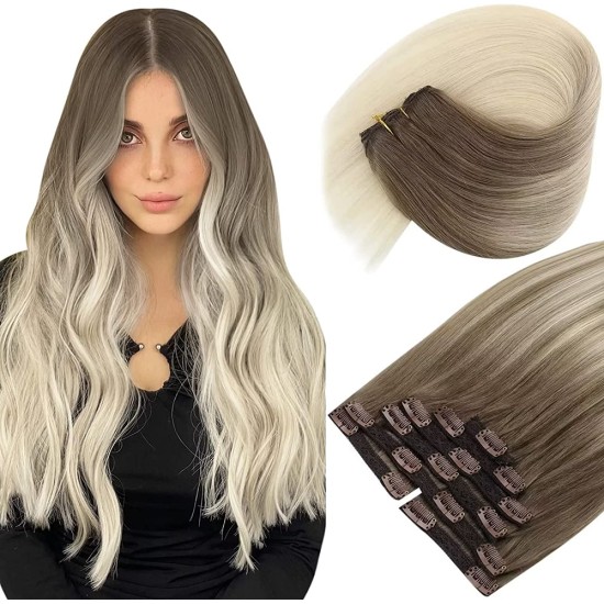 #8/60 ASH BROWN/PLATINUM BLONDE Clip-in Ombre Hair Extensions 120g 20" 